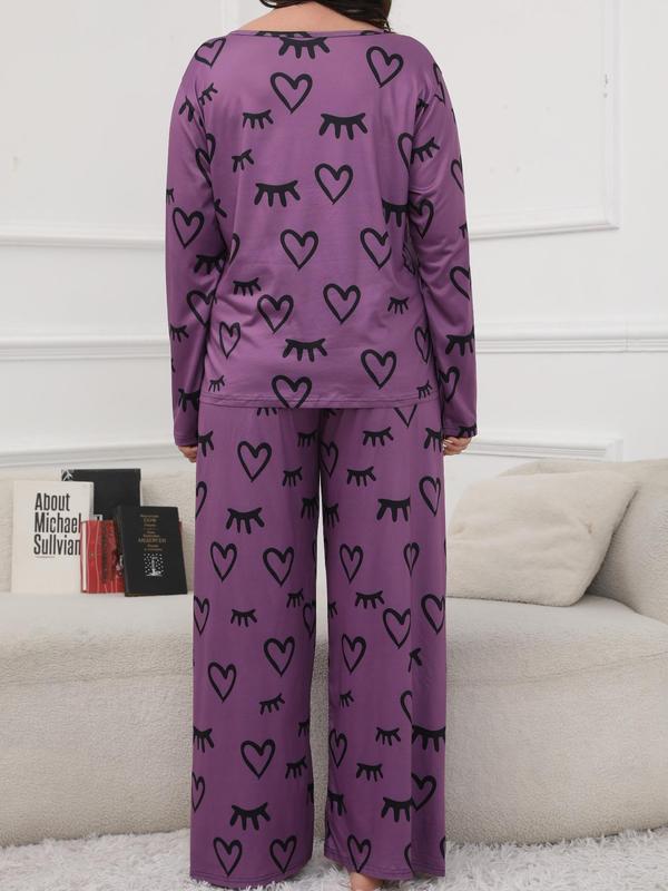 Two-piece Set Plus Size Heart Print Pajama Set Women, Round Neck Long Sleeve Tee & Elastic Waist Pants Lounge Set, Comfortable Loungewear, Pj Sets for Women, Soft Homewear for Spring & Fall