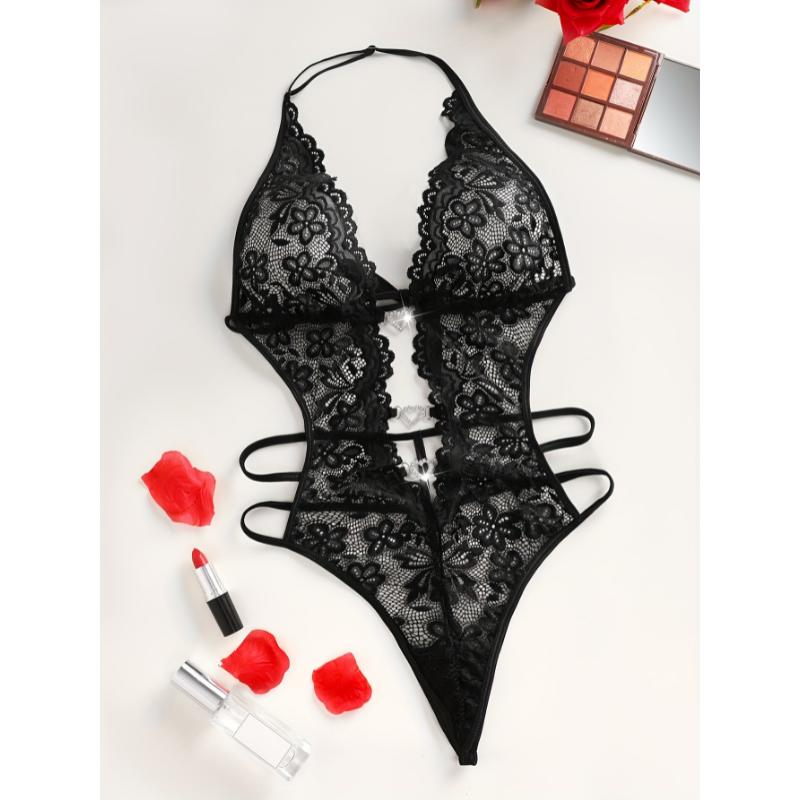 Sultry Heart Cut Out Lace Teddy Bodysuit - Plunging Neckline, Halter Neck Design, Adjustable Lace Up Back, Sexy Contrast Lace Details, Women's Seductive Lingerie & Underwear for Romantic Nights