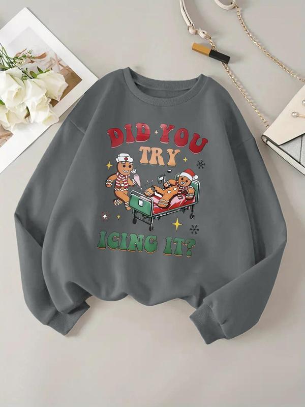 Women's Cartoon Gingerbread Man & Letter Print Drop Shoulder Sweatshirt, Casual Long Sleeve Round Neck Pullover for Daily Wear, Ladies Clothes for All Seasons