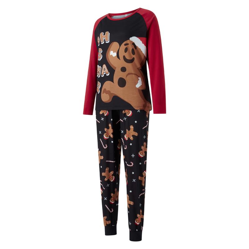 Gingerbread Man Print Matching Christmas Pajamas For Family, Long Sleeve Gingerbread Man Print Tops + Pants Set