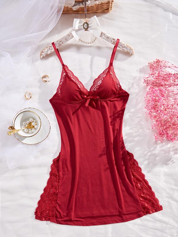 Lace Trim Slit Bowknot Decor Sleep Dress