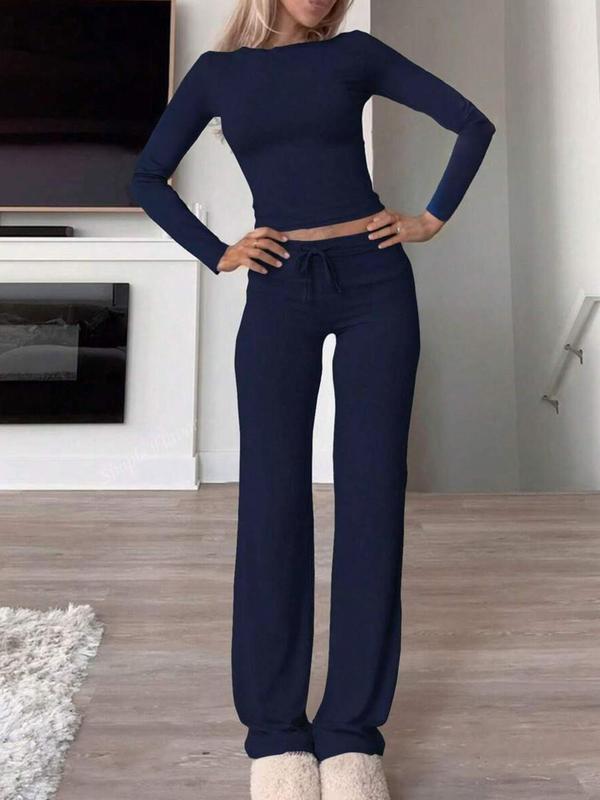 Women's Solid Long Sleeve Crop Tee & Drawstring Waist Pants Loungewear Set, Casual Comfy Round Neck Top & High Waist Trousers Pj Set, Ladies Sleepwear for Fall & Winter