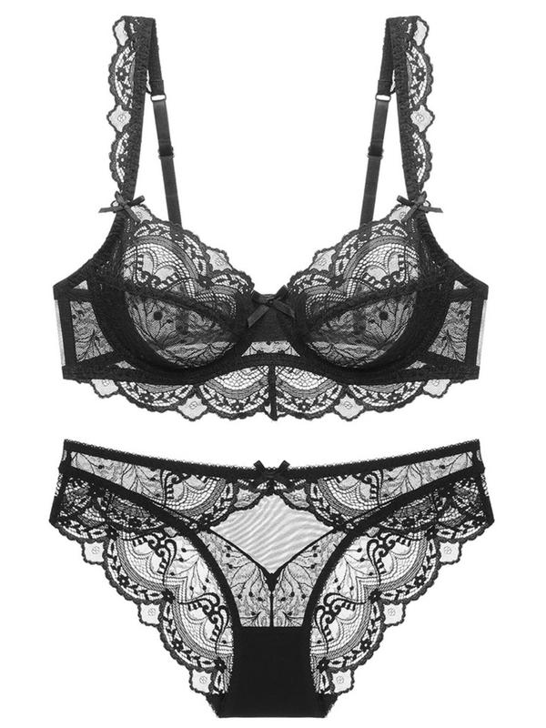 Women's Plain Lace Bra & Panty Two-Piece Set, Push Up Underwired Bra & Panty, Lingerie Set for Women