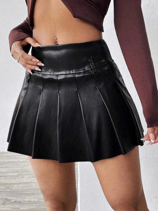 Women's Solid Color Pleated Skirt, Elegant Fashion PU Leather Skirt for Daily Outdoor Wear, Women Clothing for Fall & Winter