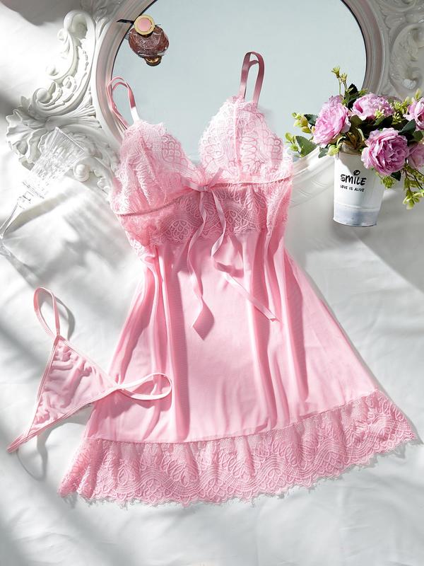 Women's 2pcs Bow Decor Contrast Lace Cami Nightdress & Thong Set, Adjustable Strap Nighty Dress & Thong, Ladies Two-Piece Sleepwear Wear For All Seasons