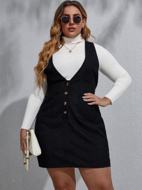 Plus Size Plain Button Deep V Neck Pinafore Dress without Sweater,  Vintage Girly Clothes Casual Solid Tank Dress for Spring & Fall, Women's Clothes