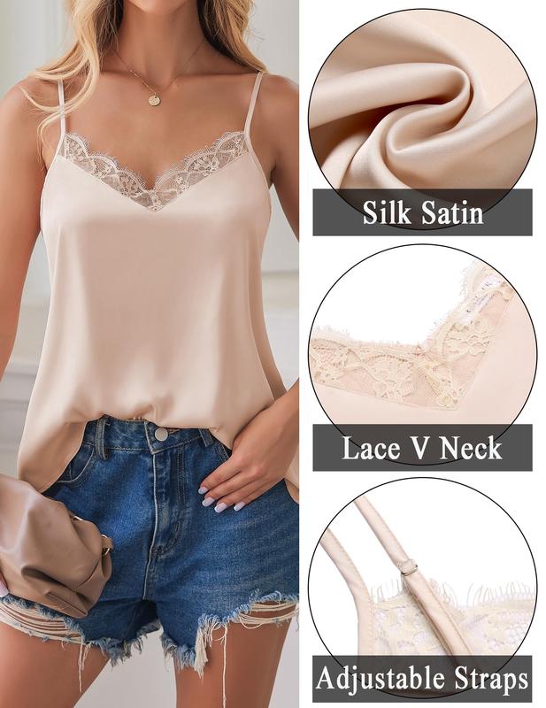 Zeagoo Camisole Tops for Women Slik Satin Spaghetti Strap Tank Top Lace V Neck Cami 2 PCS