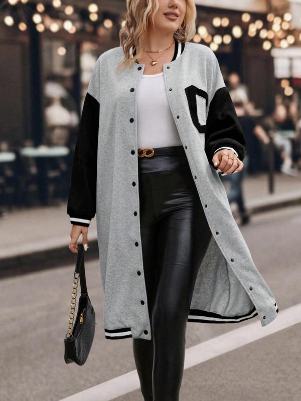 Plus Size Colorblock Letter Print Button Front Drop Shoulder Midi Varsity Jacket, Winter Outfits 2024, Winter Clothes Women, Casual Contrast Binding Long Sleeve Baseball Collar Coat for Daily