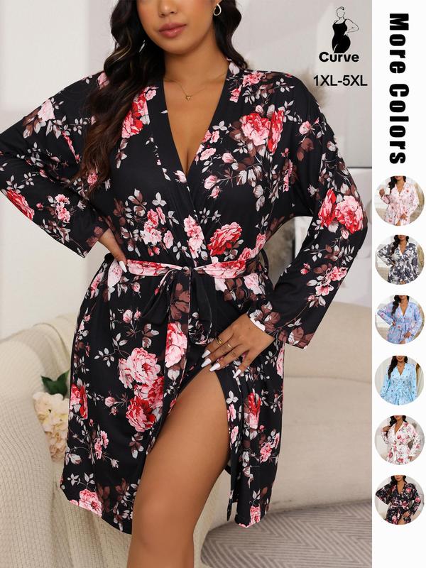 Plus Size Butterfly & Floral Print Belted Wrap Lounge Robe, Casual Long Sleeve V Neck Tie Front Pajama Robe,  Pajama Sets Women, Women's Sleepwear for All Seasons