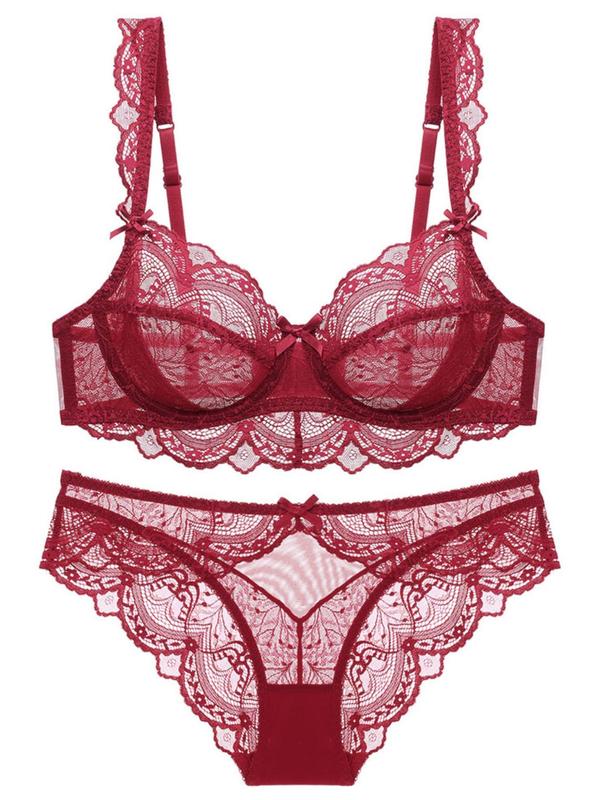 Women's Plain Lace Bra & Panty Two-Piece Set, Push Up Underwired Bra & Panty, Lingerie Set for Women