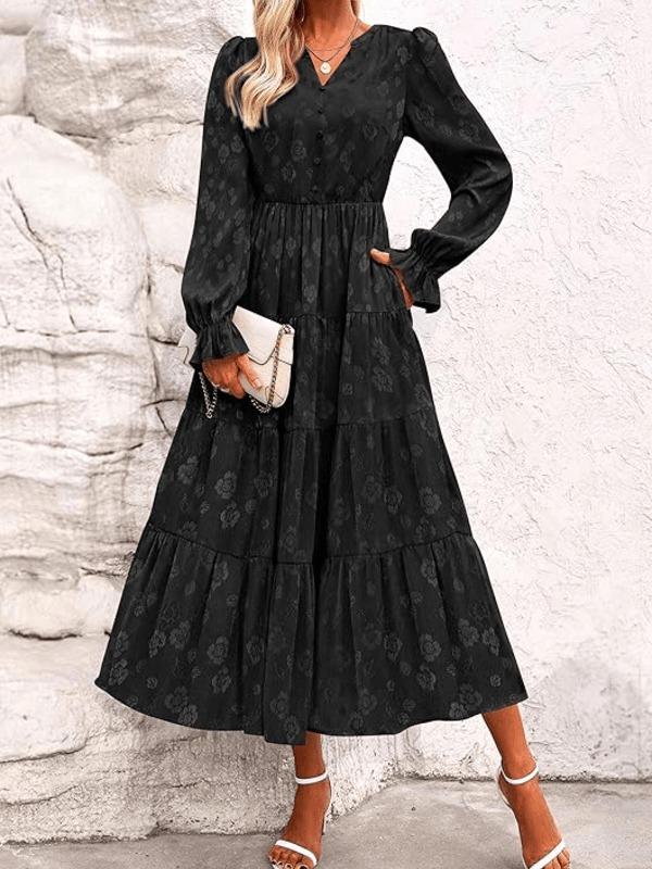 Womens Fall Long Sleeve Maxi Dress in Floral Print with V-Neck and A-Line Tiered Design for Weddings and Cocktail Parties - Formal, Womenswear