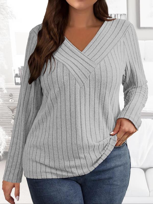  Solid V Neck Ribbed Tee, T Shirts for Women, Casual Long Sleeve T-shirt for Fall & Winter, Women's Clothing for Daily Wear