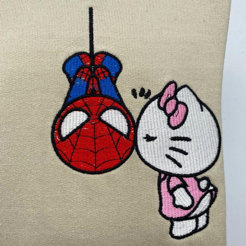 Custom Embroidered Hoodies For Couples, Custom Matching Couple Sweatshirt, Lovely Kitten Kiss Spider Chibi Embroidered Matching Couples Tshirt