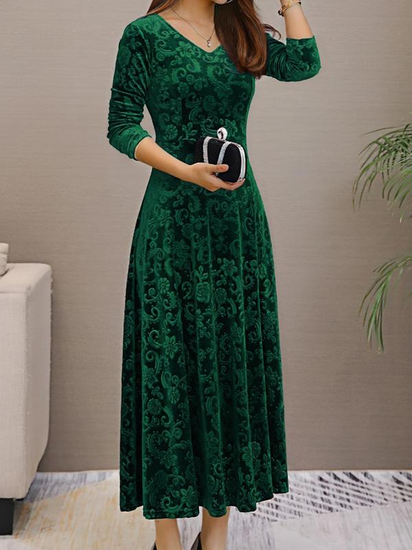 Women's Floral Print Long Sleeve V Neck Velvet Dress, Birthday Outfits, Vacation Dress, Elegant A Line Long Dresses for Party Holiday Wedding Guest, Ladies Spring & Fall Clothes