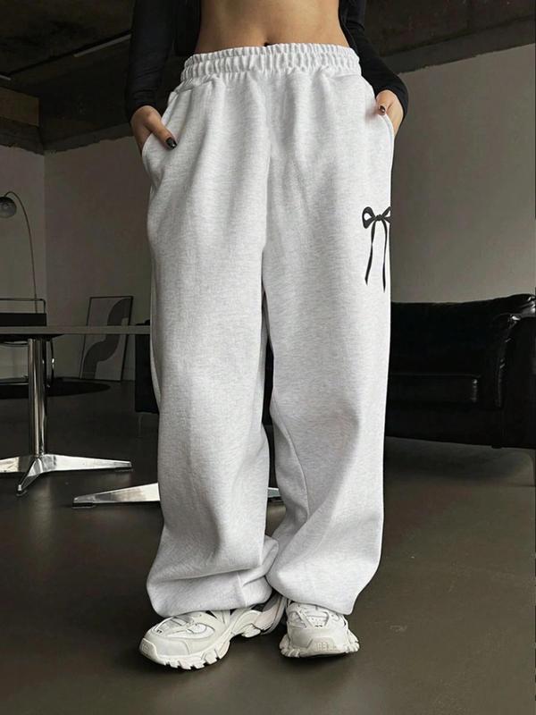 Women's Bow Print Pocket Elastic Waist Sweatpants, Casual Comfy Trousers for Fall & Winter, Women's Bottoms for Daily Wear