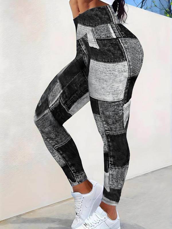 Faux Denim Print High Waist Leggings, Casual Patchwork Seamless Skinny Pants, Pants for Women, Going Out Bottoms, Women's Summer Bottoms for Yoga Gym Daily Wear