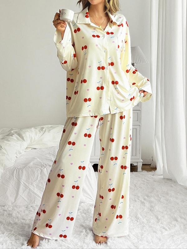 Two-Piece Set Women's Cherry Print Button Front Shirt & Pants Pyjama, Casual Comfy Drop Shoulder Long Sleeve Top & Trousers PJ Set, Ladies Sleepwear for All Seasons