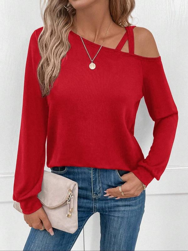 Women's Plain Criss Cross Asymmetrical Neck Tee, Elegant Casual Long Sleeve T-shirt for Spring & Fall, Women's Top for Daily Wear