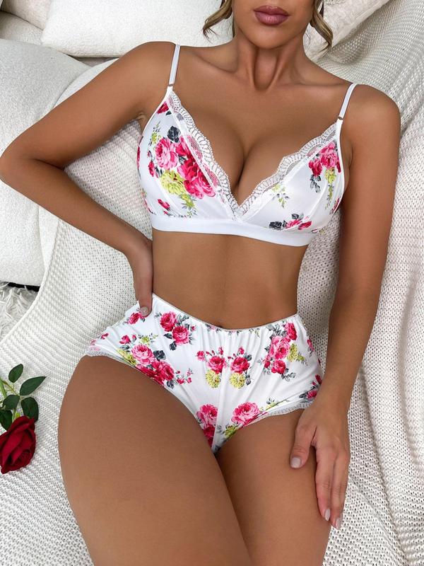 Women's Floral Print Matching Lingerie Wear Set, Contrast Lace Adjustable Spaghetti Strap Push Up Bra & High Waist Panty Set, Underwear for Women, Ladies Two Piece Underwear Set