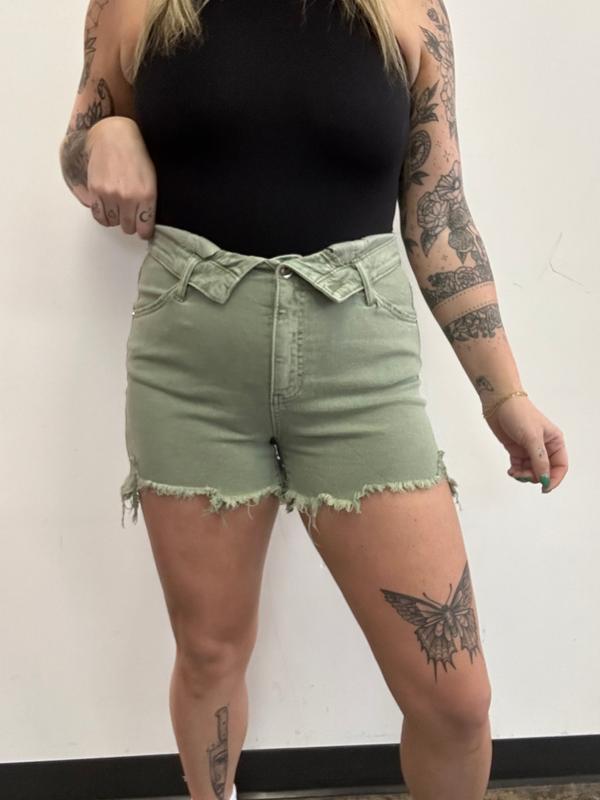 Fold Over Distressed Denim Shorts- Olive Green