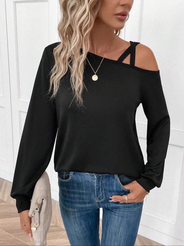 Women's Plain Criss Cross Asymmetrical Neck Tee, Elegant Casual Long Sleeve T-shirt for Spring & Fall, Women's Top for Daily Wear