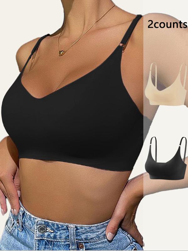 Women's Solid Wireless Adjustable Strap Seamless Bra, Soft Comfortable Breathable Backless Removable Bra Pad Lingerie Bra, Ladies Lingeries for All Seasons