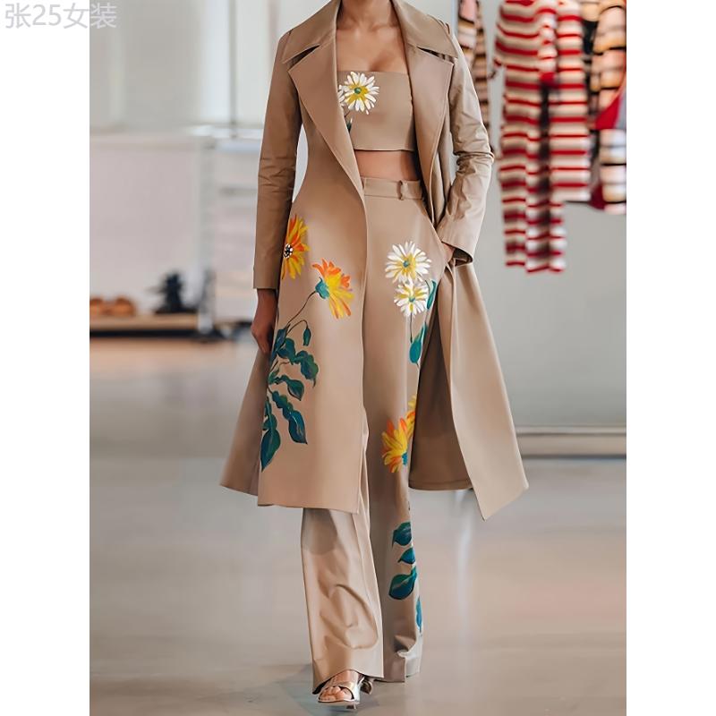 3-Piece Set Polyester Women's Elegant Blazer Suit Set With Long Sleeve, Floral Print, Autumn Winter Office Wear Fabric Womenswear