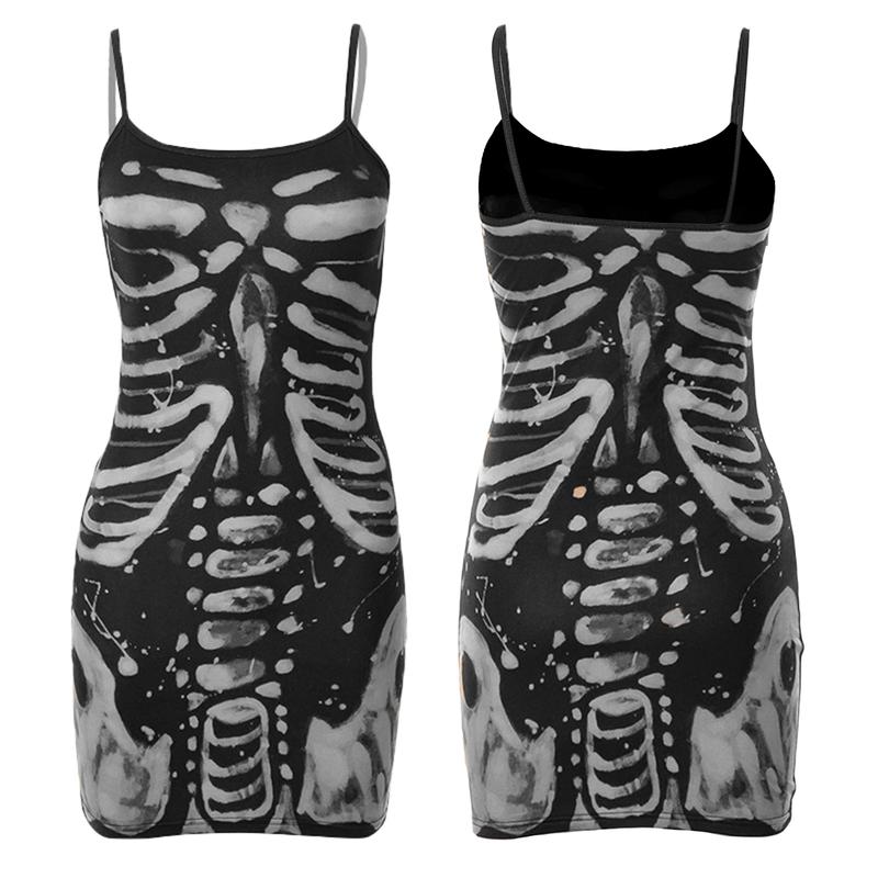 Women Halloween Gothic Bodycon Dress Vintage Spaghetti Strap Sleeveless Skeleton Print Punk Cosplay Dress Goth Grunge Streetwear