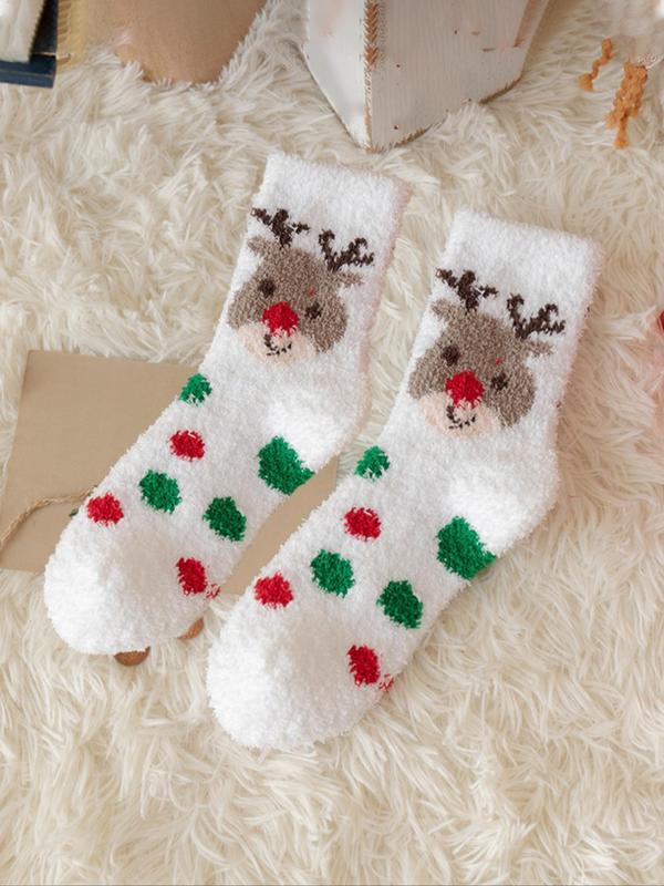 Random Women's Christmas Themed Print Crew Socks, 6 Pairs Casual Soft Comfortable Warm Fuzzy Socks for Fall & Winter, Women's Floor Socks for Daily Wear