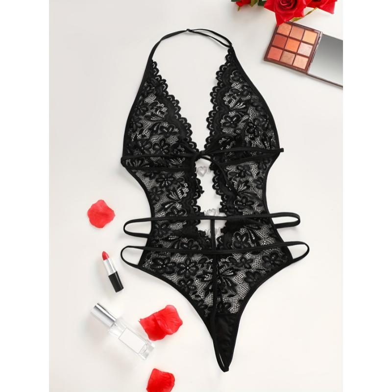 Sultry Heart Cut Out Lace Teddy Bodysuit - Plunging Neckline, Halter Neck Design, Adjustable Lace Up Back, Sexy Contrast Lace Details, Women's Seductive Lingerie & Underwear for Romantic Nights