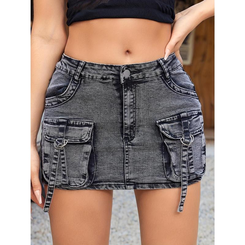 Women's Elegant Vintage Gray Denim Mini Skirt with Flap Pockets, Zipper Button Closure Tooling Denim Skirt  Womenswear