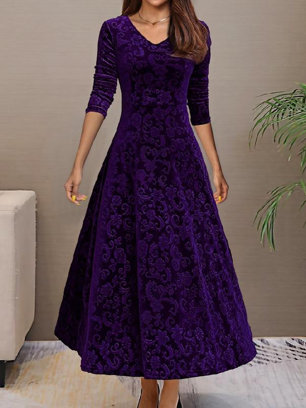 Women's Floral Print Long Sleeve V Neck Velvet Dress, Birthday Outfits, Vacation Dress, Elegant A Line Long Dresses for Party Holiday Wedding Guest, Ladies Spring & Fall Clothes