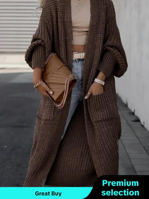 Women's Solid Drop Shoulder Long Cardigan, Casual Pocket Long Sleeve Sweater Cardigan, Cardigan for Women, Ladies Knitwear for Fall Daily Wear, Comfort Knitting Womenswear