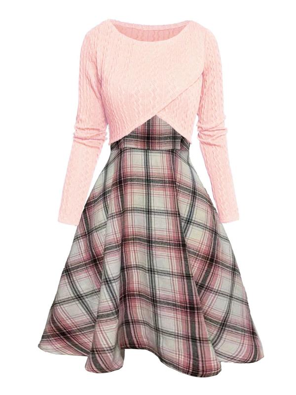 Women's Solid Wrap Hem Round Neck Textured Long Sleeve Crop Top & Plaid Print A-line Dress Suits Set, Preppy Fashion Comfort Skirt Set for Women's Clothing for Fall, Womenswear, Teacher Outfits 2024 Hoco Dresses