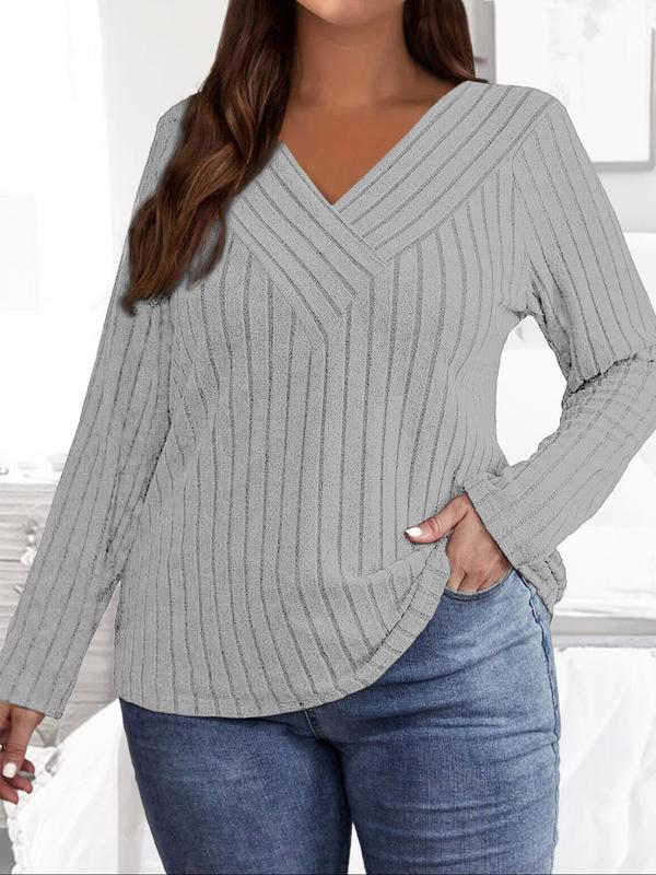  Solid V Neck Ribbed Tee, T Shirts for Women, Casual Long Sleeve T-shirt for Fall & Winter, Women's Clothing for Daily Wear