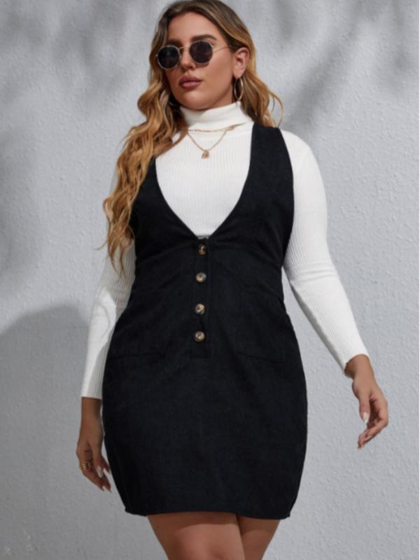 Plus Size Plain Button Deep V Neck Pinafore Dress without Sweater,  Vintage Girly Clothes Casual Solid Tank Dress for Spring & Fall, Women's Clothes