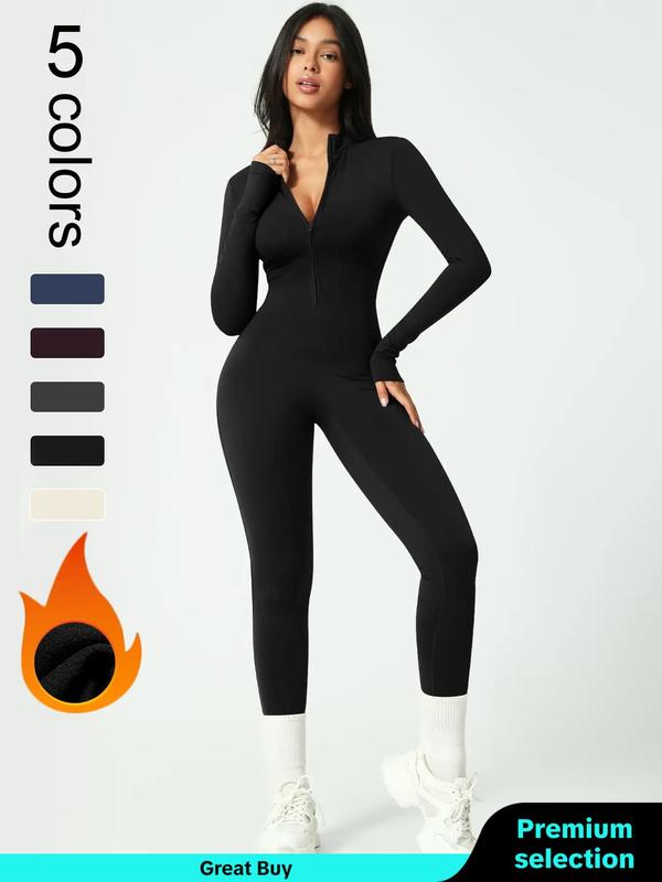 Women's Solid Zip Up Sports Jumpsuit, Casual Comfy Warm Long Sleeve Stand Collar Jumpsuit for Yoga Gym Workout, Ladies Sportswear for Fall & Winter