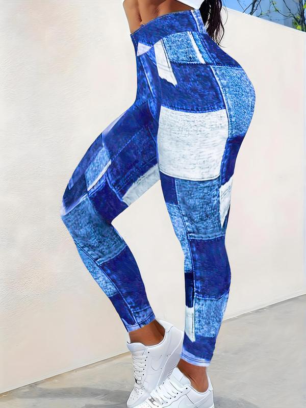 Faux Denim Print High Waist Leggings, Casual Patchwork Seamless Skinny Pants, Pants for Women, Going Out Bottoms, Women's Summer Bottoms for Yoga Gym Daily Wear