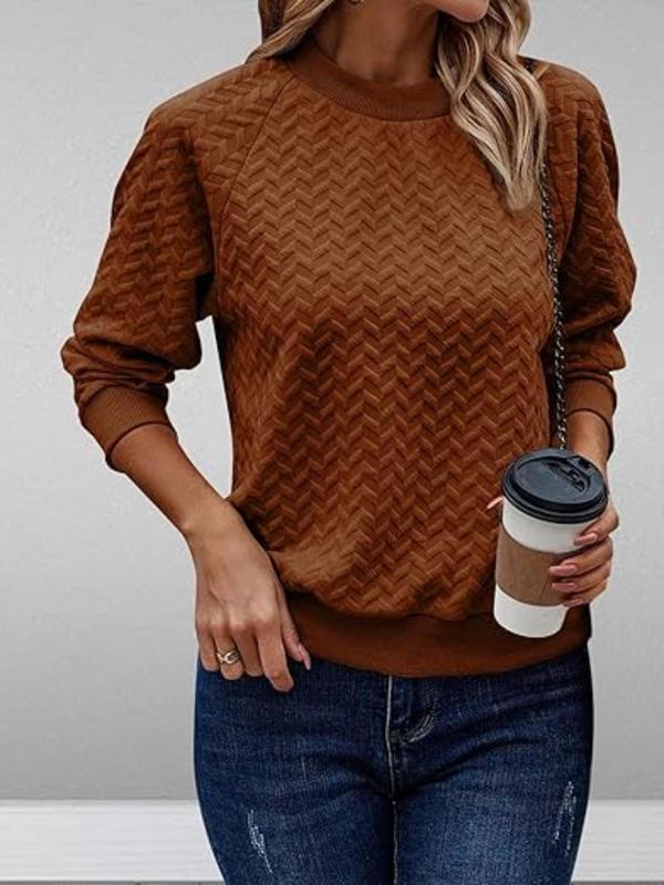 Women's Textured Raglan Sleeve Sweatshirt, Casual Long Sleeve Round Neck Pullover for Fall & Winter, Ladies Clothes for Daily Wear, Crewneck Sweatshirt, Sweatshirt for Women