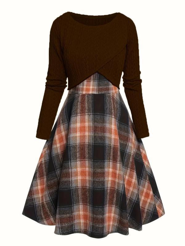 Women's Solid Wrap Hem Round Neck Textured Long Sleeve Crop Top & Plaid Print A-line Dress Suits Set, Preppy Fashion Comfort Skirt Set for Women's Clothing for Fall, Womenswear, Teacher Outfits 2024 Hoco Dresses