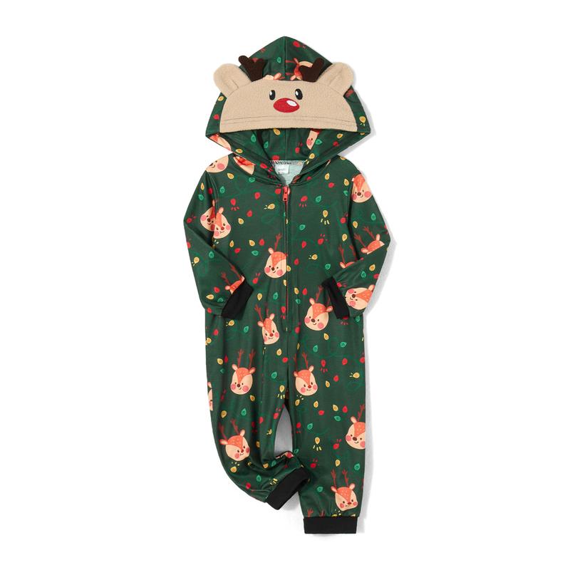 Family Christmas Pajamas Couples Kids Matching Lounge Sets Long Sleeve Hooded Deer Print Zipper Jumpsuit Sleepwear