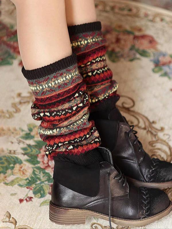 Women's Ethnic Pattern Over The Calf Socks, Casual Cozy Warm Leg Warmers for Fall & Winter, Women's Socks for Daily Wear