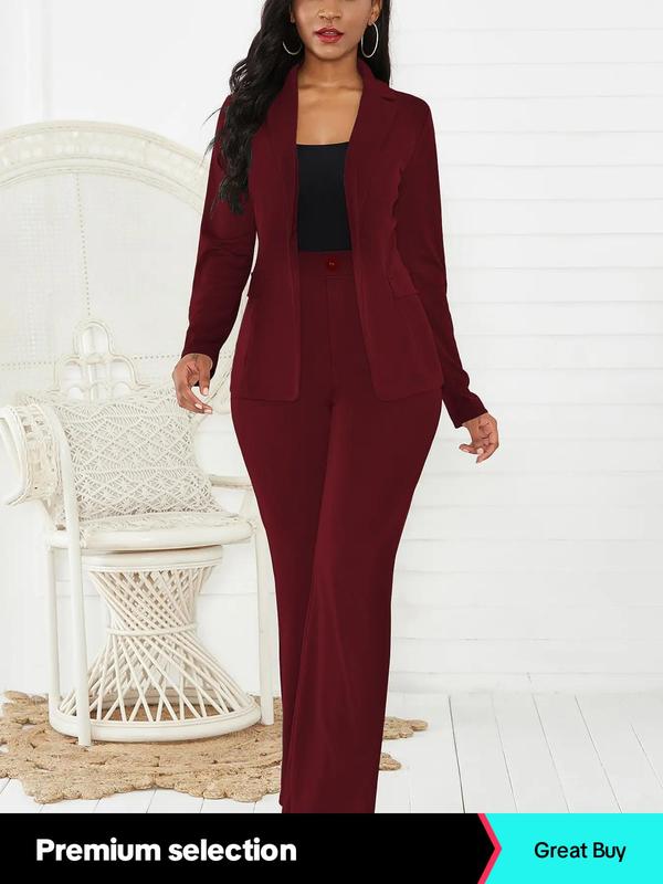 Two-piece Set Women's Plain Button Lapel Neck Blazer & Suit Pants, Fall Oufits 2024, Elegant Business Casual Flap Detail Long Sleeve Outerwear & Trousers for Daily Outdoor Wear, Women's Clothing for All Seasons Womenswear Comfort Womenswear Comfort