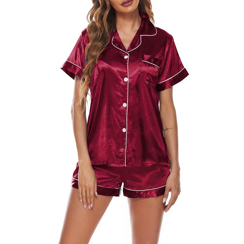 Women Silk Satin Pajamas Set Loungewear Button-Down Pj Sets Comfortable Pajama Set