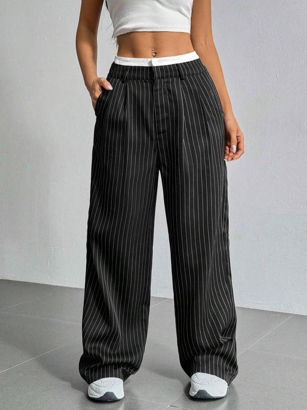 Women's Striped Print Plicated Straight Leg Pants, Casual Comfy Pocket Trousers for Daily Wear, Ladies Bottoms for Fall & Winter, Preppy 80s Clothes