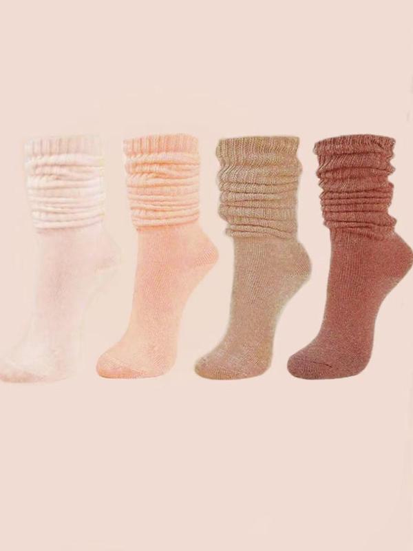 Women's 4 Pairs Solid Color Over The Calf Socks, Minimalist Baggy Socks for Women, Comfort Casual Cozy Breathable Pile Socks for Lady Daily Outdoor Wear, Socks for Women, Scrunch Socks Womenswear