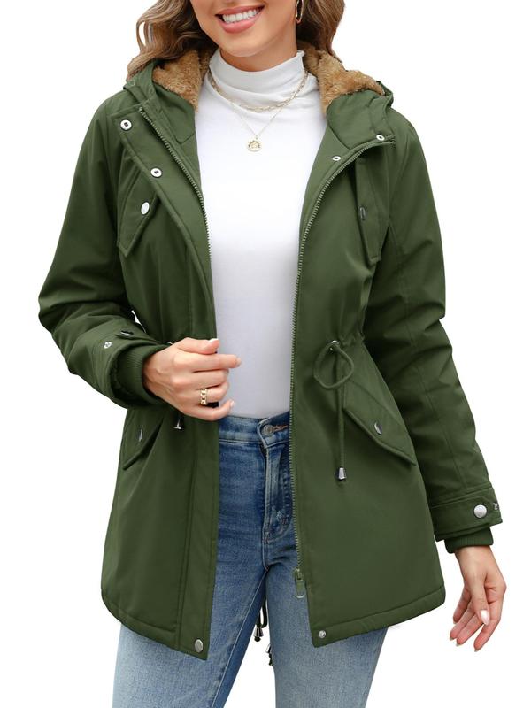 Women's Solid Color Button Front Pocket Zipper Hooded Coat, Casual Long Sleeve Waterproof Coat for Fall & Winter, Women's Outwear Clothing for Daily