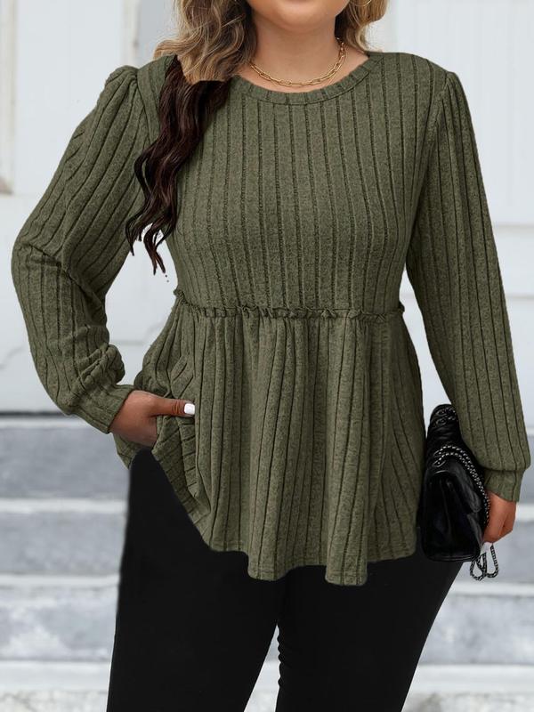 Plus Size Striped Frill Trim Peplum Bishop Sleeve Tee, Casual Long Sleeve Round Neck T-shirt for Fall & Winter, Women's Plus Top Clothing for Daily Wear, Fall Clothes Downtown Girl Clothes