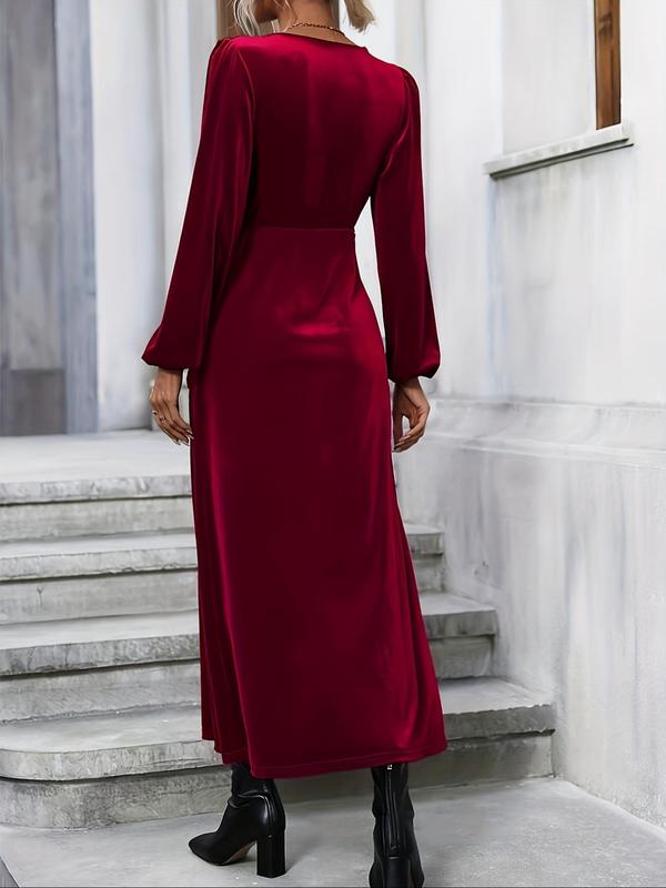 Women's Plain Wrap Deep V Neck Split Thigh Velvet Dress, Elegant Bishop Sleeve Tie Front A Line Dress for Party Holiday Wedding Guest, Ladies Spring & Fall Clothes