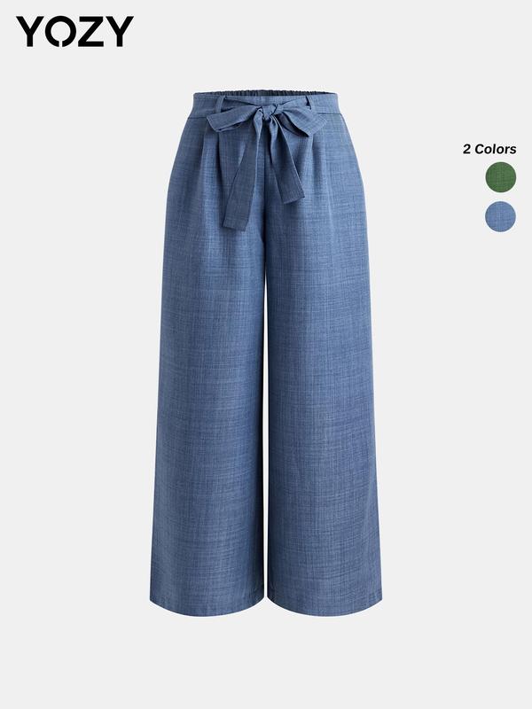 YOZY [2 colors, size 4-14] Pleated Bowknot Belted Wide Leg Pants, Casual Comfy Elastic High Waist Trousers, 2024 Women's Bottoms for All Seasons, S-XXL